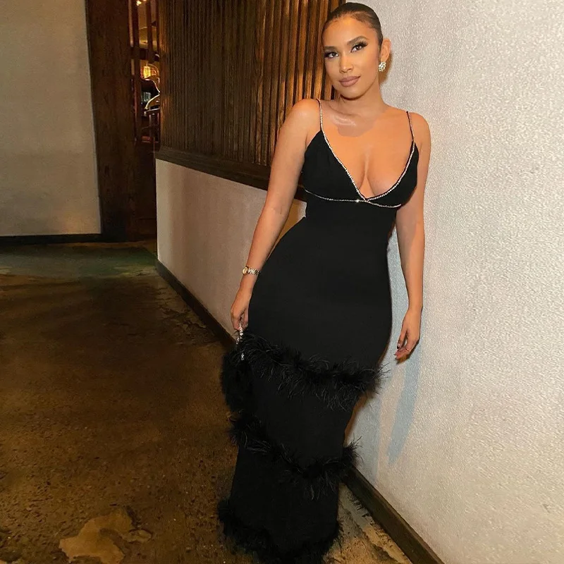 2024 New C1107DS01 Maxi Outfits Women Fall Clothes Slip Dress With Fur Ladies Dress Formal Party Rhinestone Dresses Women