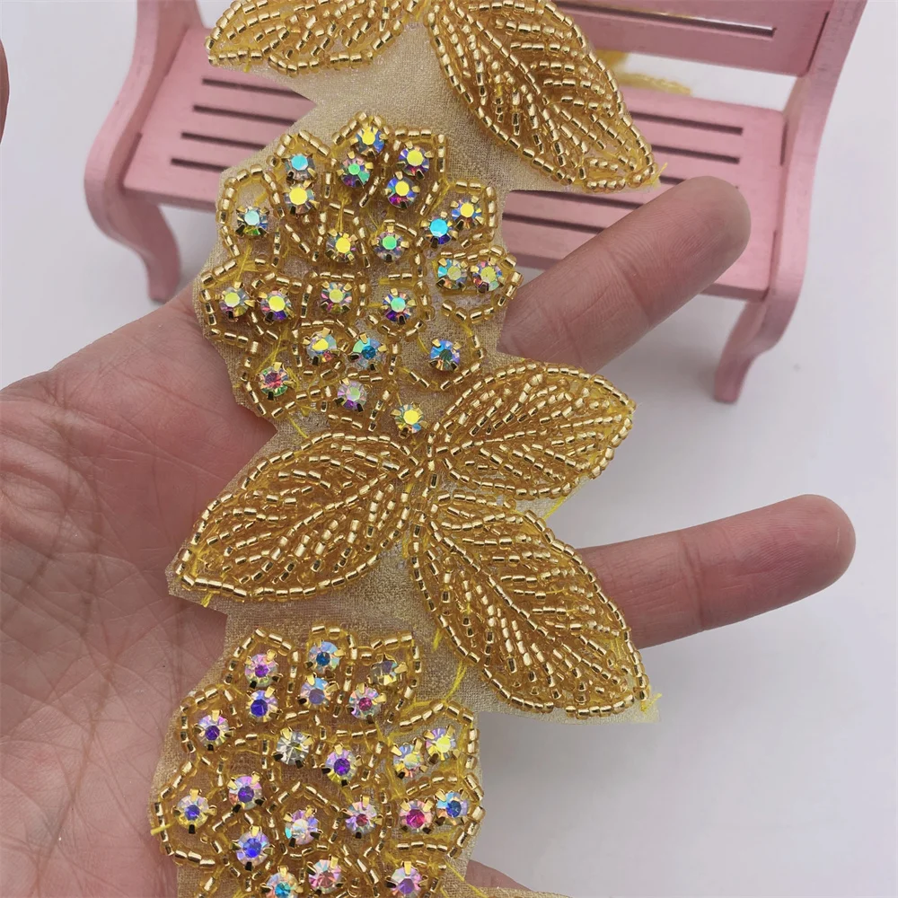 Crystal Motif Strass flower Hot Fix Rhinestone Tape  Ribbon With Rhinestones Iron On Appliques for wedding belt DIY