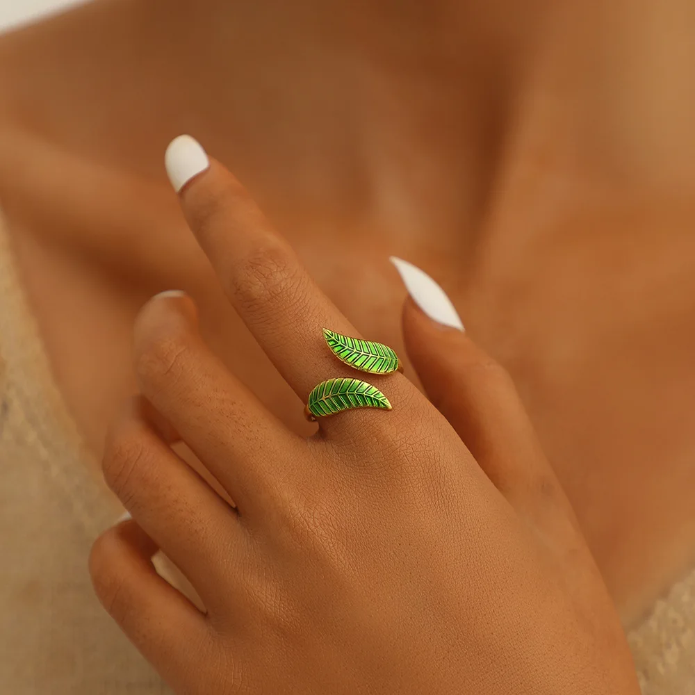 Beimai OEM Ring Titanium steel gold-plated oil-dripping green leaf open adjustable ring