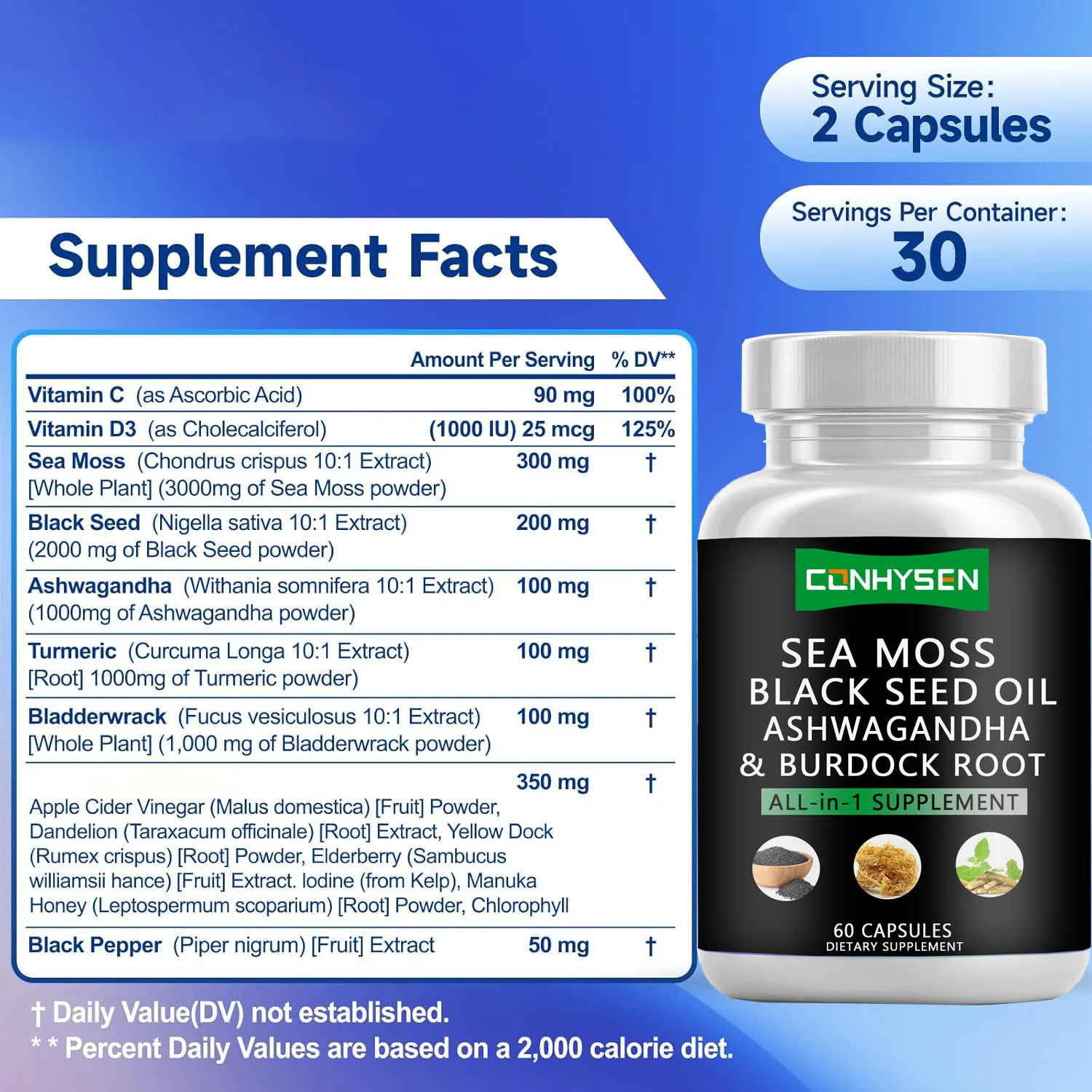 Private Label Sea Moss Capsules Herbal Supplements Black Seed Oil 95% Turmeric Extract Bladderwrack Burdock Root OEM