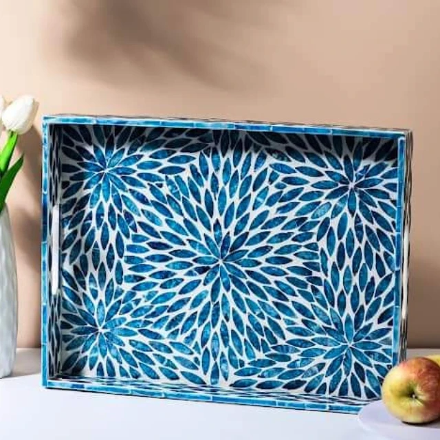 Unique Design Handmade Bone Inlay Serving Tray Mother of Pearl Rectangle Tray with Handles from Vietnam