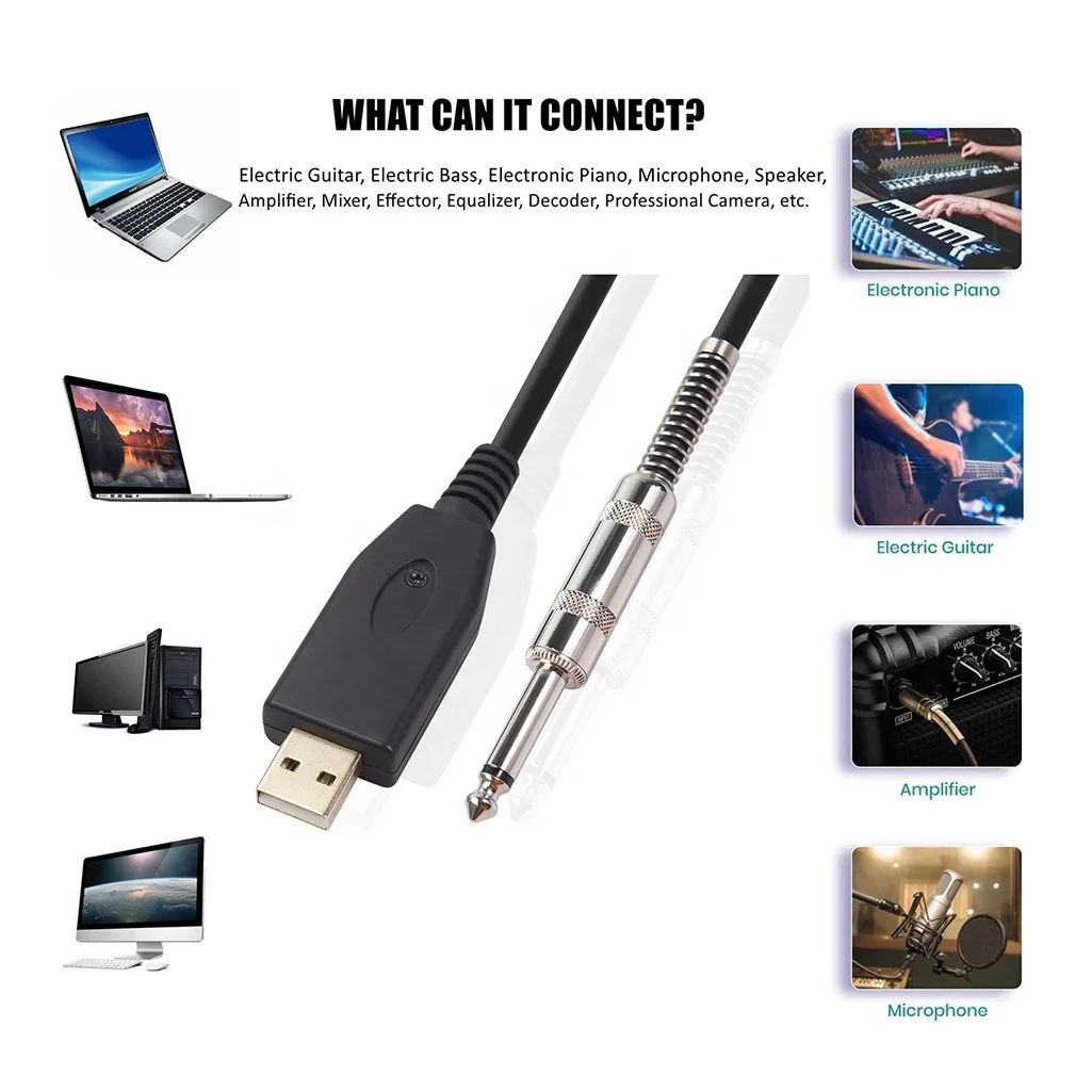 Professional 6.35mm mono jack  Guitar to PC USB Link Recording Cable Lead Adaptor