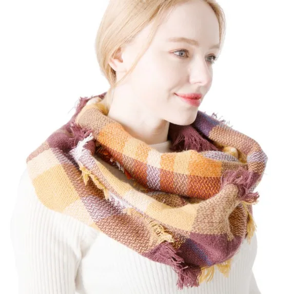 Acrylic infinity scarf plaid neck warmer wholesale women winter scarf