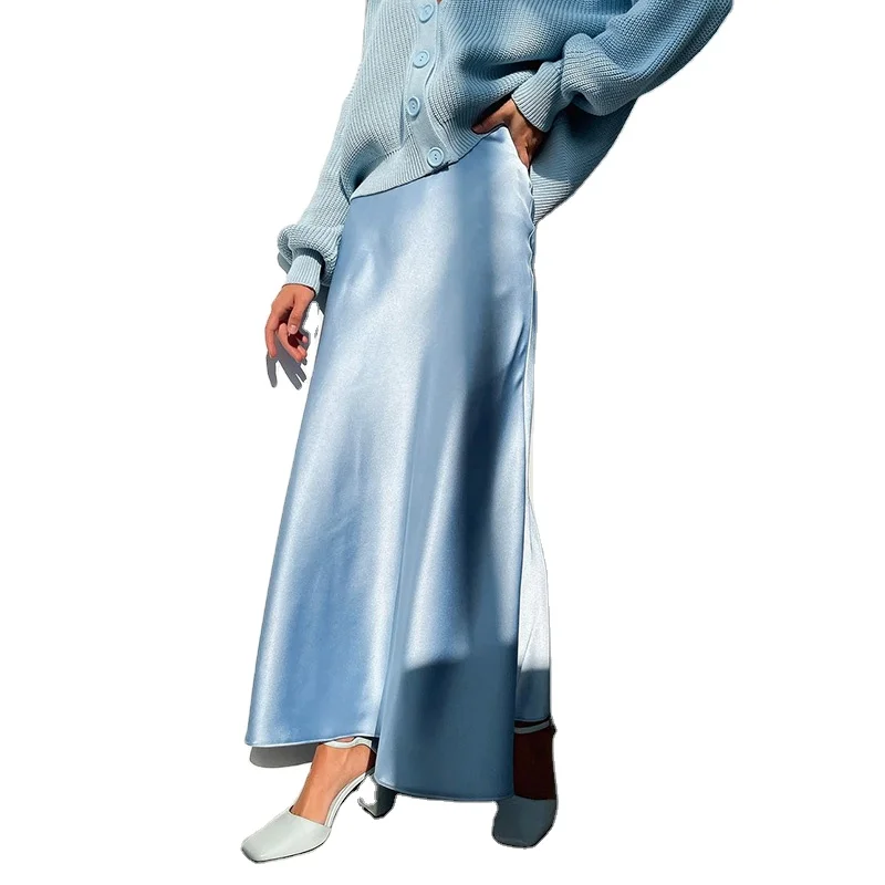 
2021 fashionable women solid color high waist side slit long silk skirt 