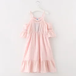4 To 14 Years Kids & Teenager Girls Summer Off-shoulder White Pink Ruffle Beach Dress Children Princess Sleeveless Dresses