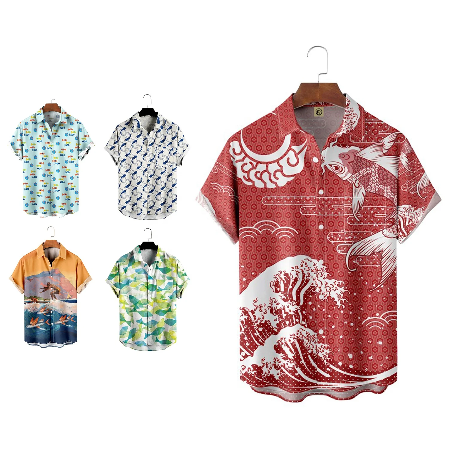 Wholesale Custom Short Sleeve Button Up Shirt 100% Polyester Hawaiian Shirts Fish Print Lapel Loose Plus Size Top Blouse For Man