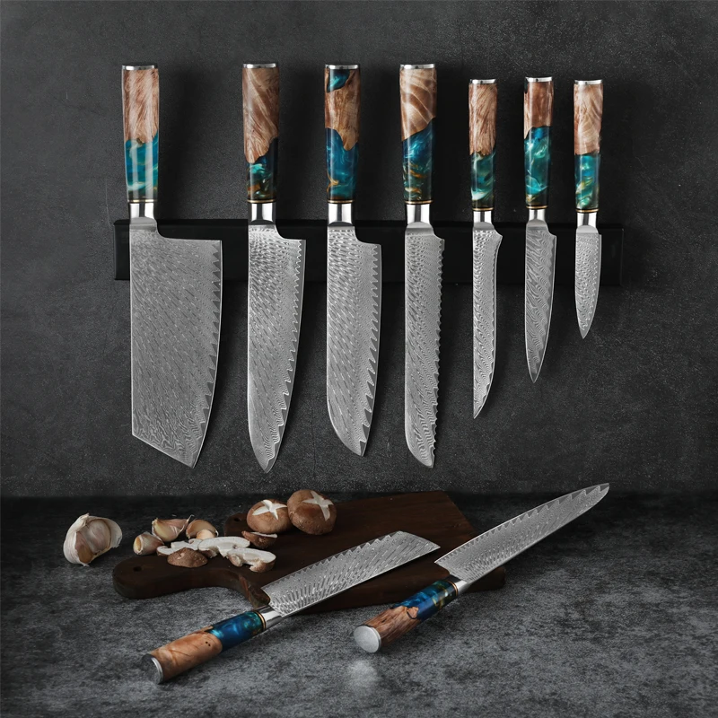 Chef Cooking VG10 67layers Japanese Kitchen Knives Damascus Knife Set Blue Resin Handle Damascus Steel Knife