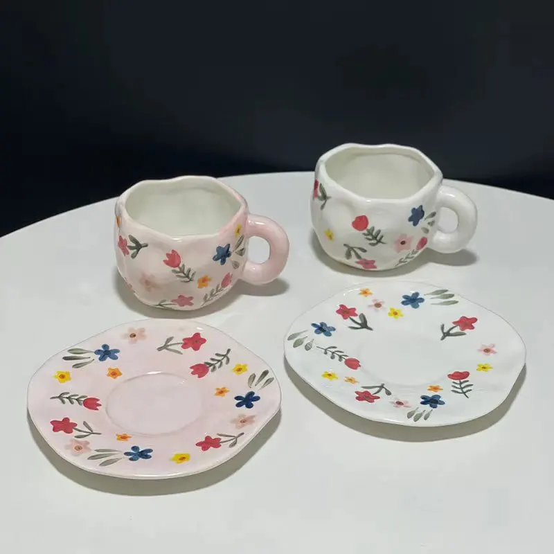Japanese style handmade ceramic coffee cup with saucer pottery retro little flower hand-painted coffee mug and plate
