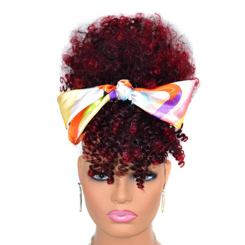 Hot Selling Afro Curly Bun Full Lace Wig Hair With Bangs