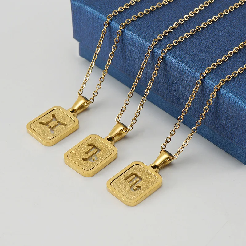 Factory Price Stainless Steel Hollow Frosted Gold Glitter Star Sign Necklace 12 Constellations Square Pendant Horoscope Necklace