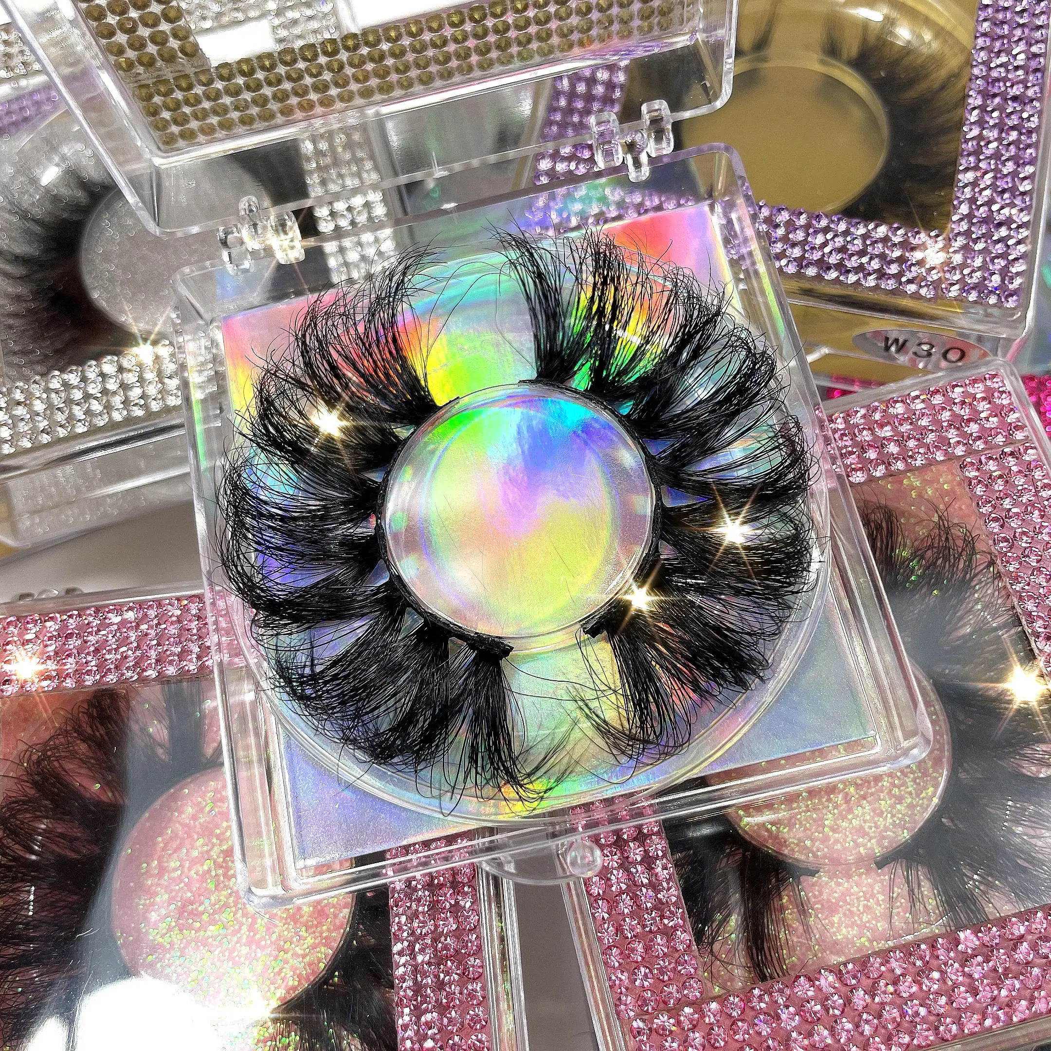 Anforlin Free samples fluffy dramatic 25mm mink eyelashes wholsale 5d custom diamond rhinestone clear eyelash case