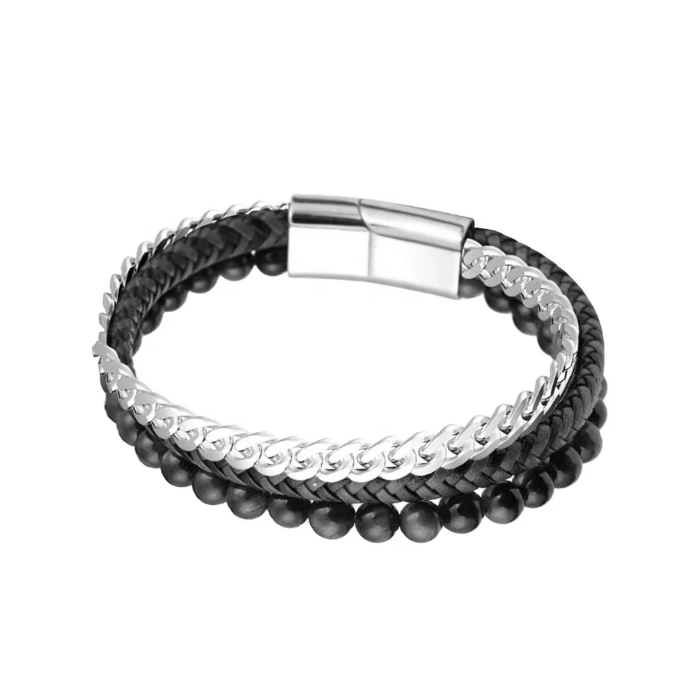 Alin Wholesale Natural Stone Bead Black Agate Beads Bracelet Multi Layer Genuine Leather Bracelet