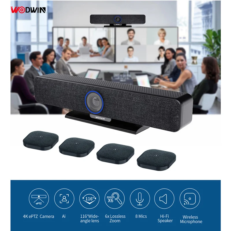 WODWIN 4K UHD All in one Video Soundbar AI Auto Framing Voice Tracking Video Conference Camera with Wireless Microphone