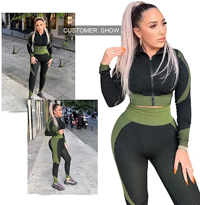 Бесшовные Текстурированные леггинсы с высокой талией и укороченный топ одежда для тренажерного зала тренировочные комплекты длинным рукавом женщин 2