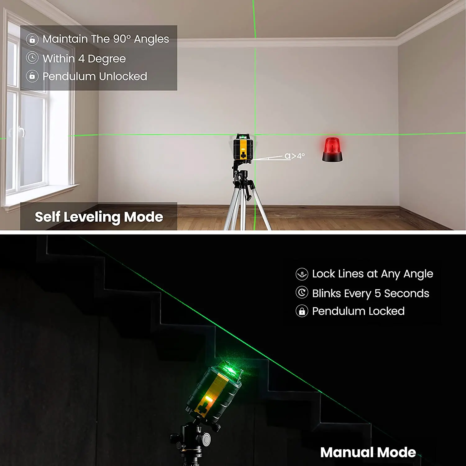 Professional Green Beam Cross Line Laser Level with 2 Plumb Dots Self-Leveling Surveying Tools