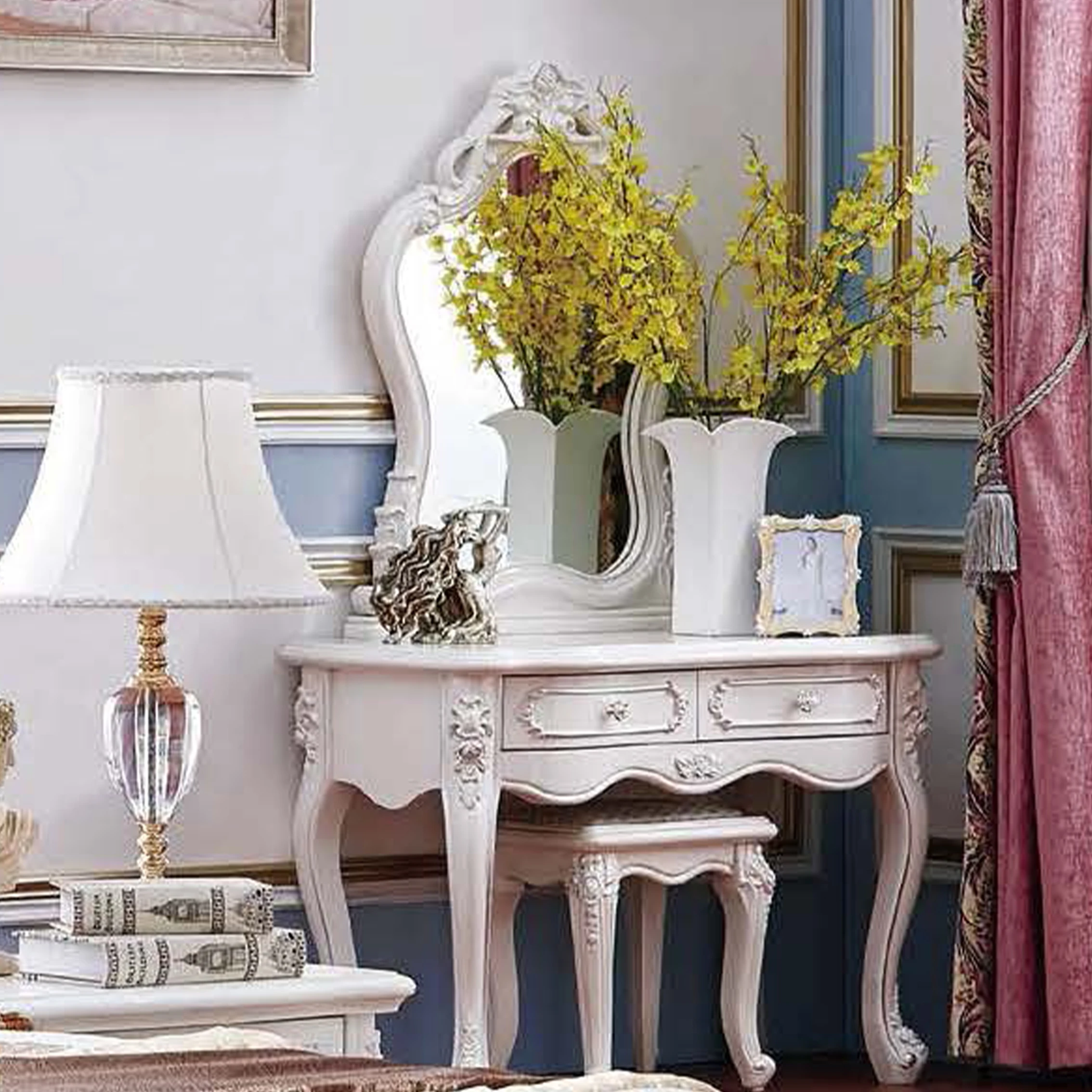 French luxury classic makeup table Solid wood bedroom dresser furniture set Storage cabinet dressing table with mirror and stool