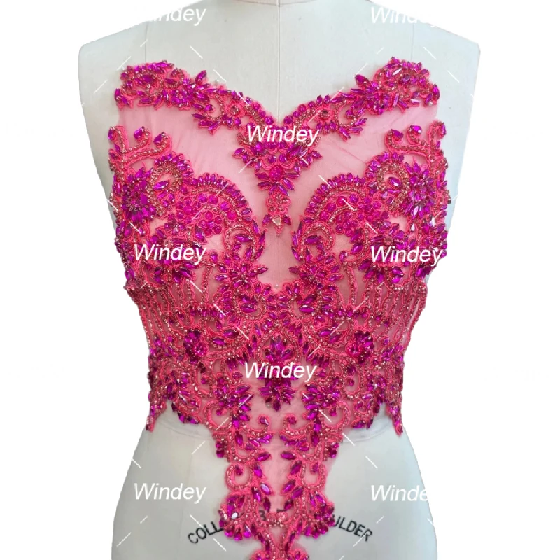 Stock items Girls Luxury Crystal Fuchsia Gold Panel Rhinestone Appliques For Wedding Dresses