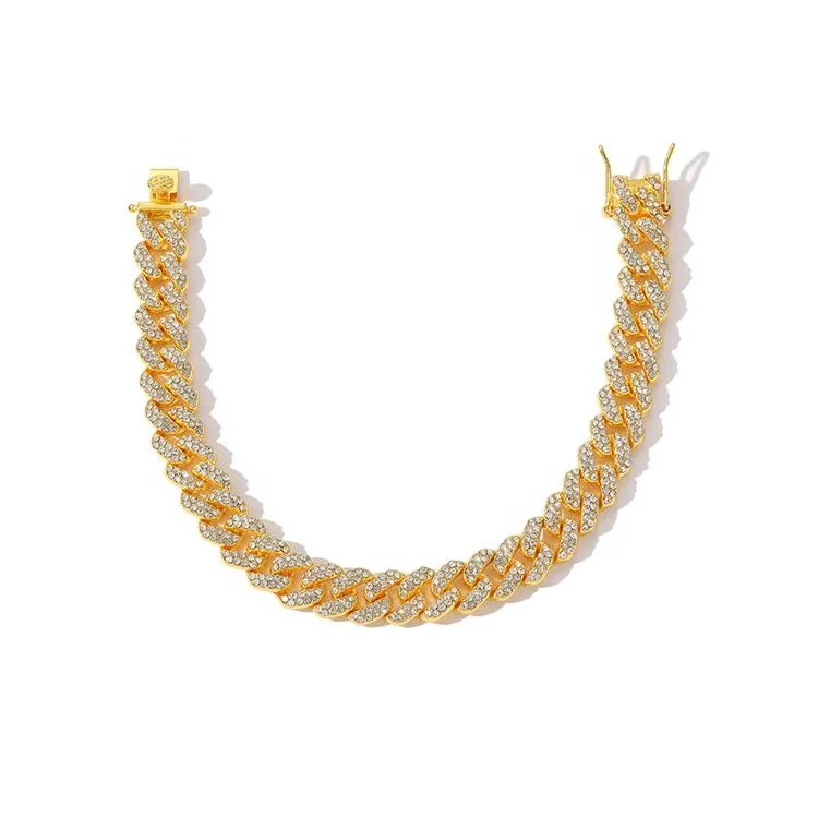 In stock Zinc alloy and two rows crystal rhinestone hip hop 9mm miami chain bracelet