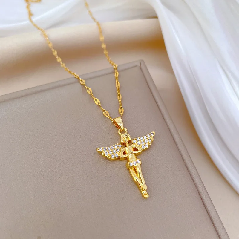 Gold Chain Necklaces Pray Angel Wing with Cubic Zircon Charm Necklace Jewelry Exquisite Gold Plated Cute Necklace For Woman