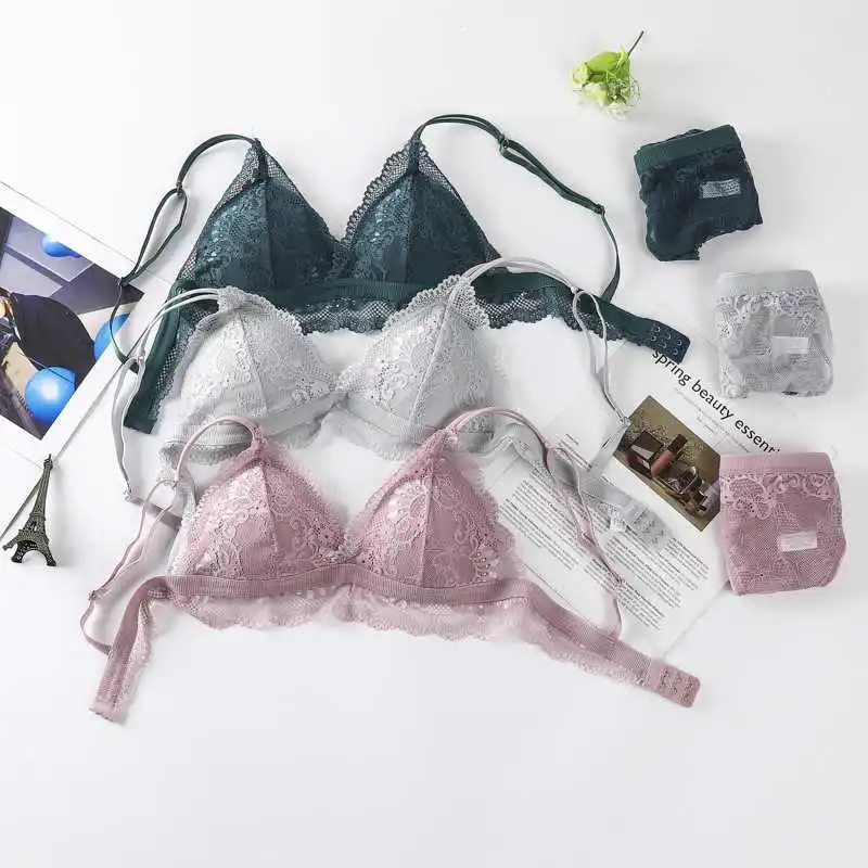 Hot Selling French Style Triangle Cup Back Closure Tube Top Bralette Suit No Steel Ring Sexy Wrapped Chest Ladies Lace Bra Set