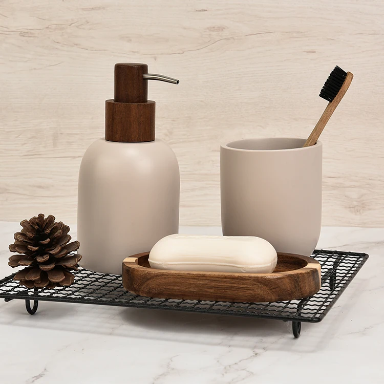 Simple Design Matte Finished Customizable Color Resin Hand Soap Dispenser Bottle with Natural Wood Lotion Pump