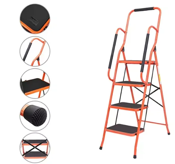 2 3 4 Step EN 131 Orange 150kg Loading Capacity Easily Folded Up Steel Ladder with Padded handrails