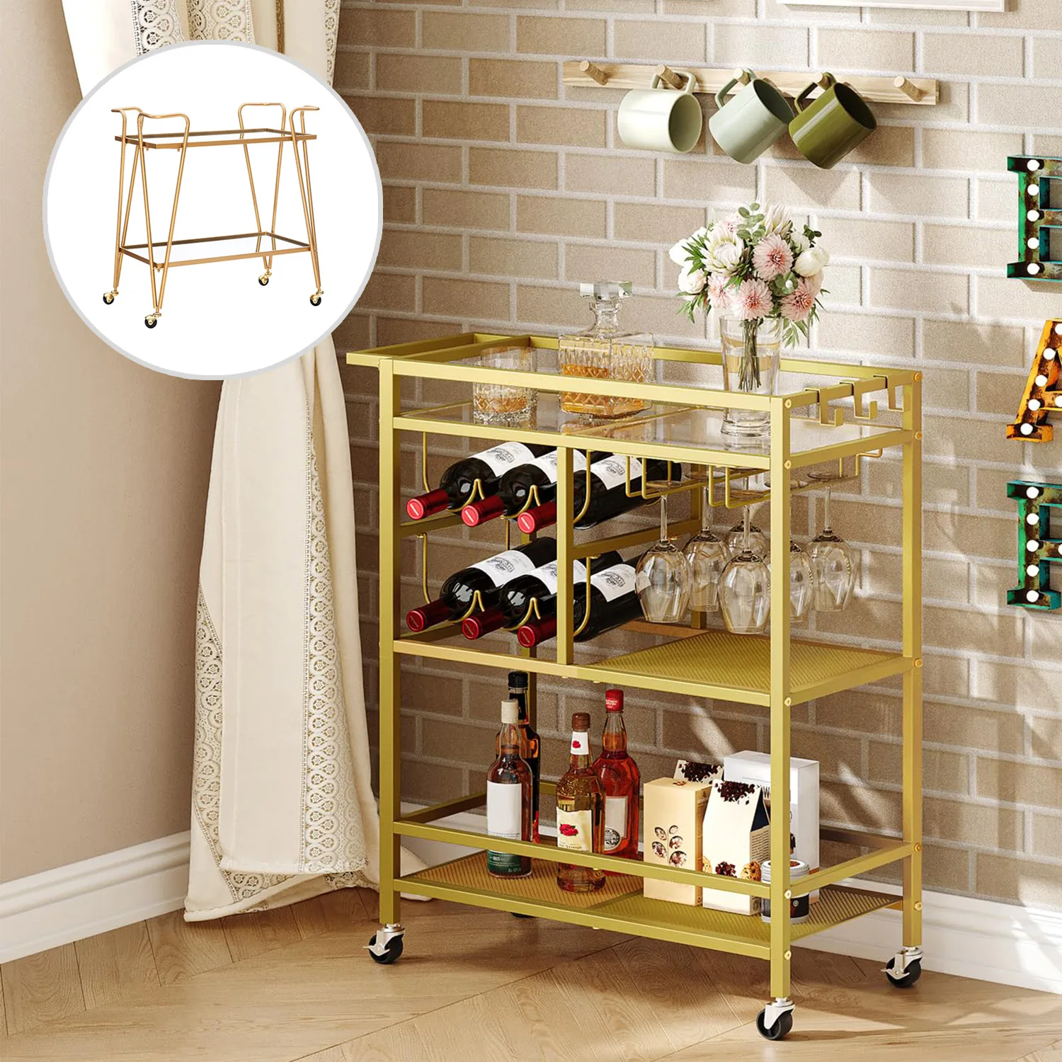 Wholesale Tiers Metal Frame Serving Bar Hotel & Home Luxury Gold Stainless Steel Tea Carts Serving Trolley Bar Cart Metal