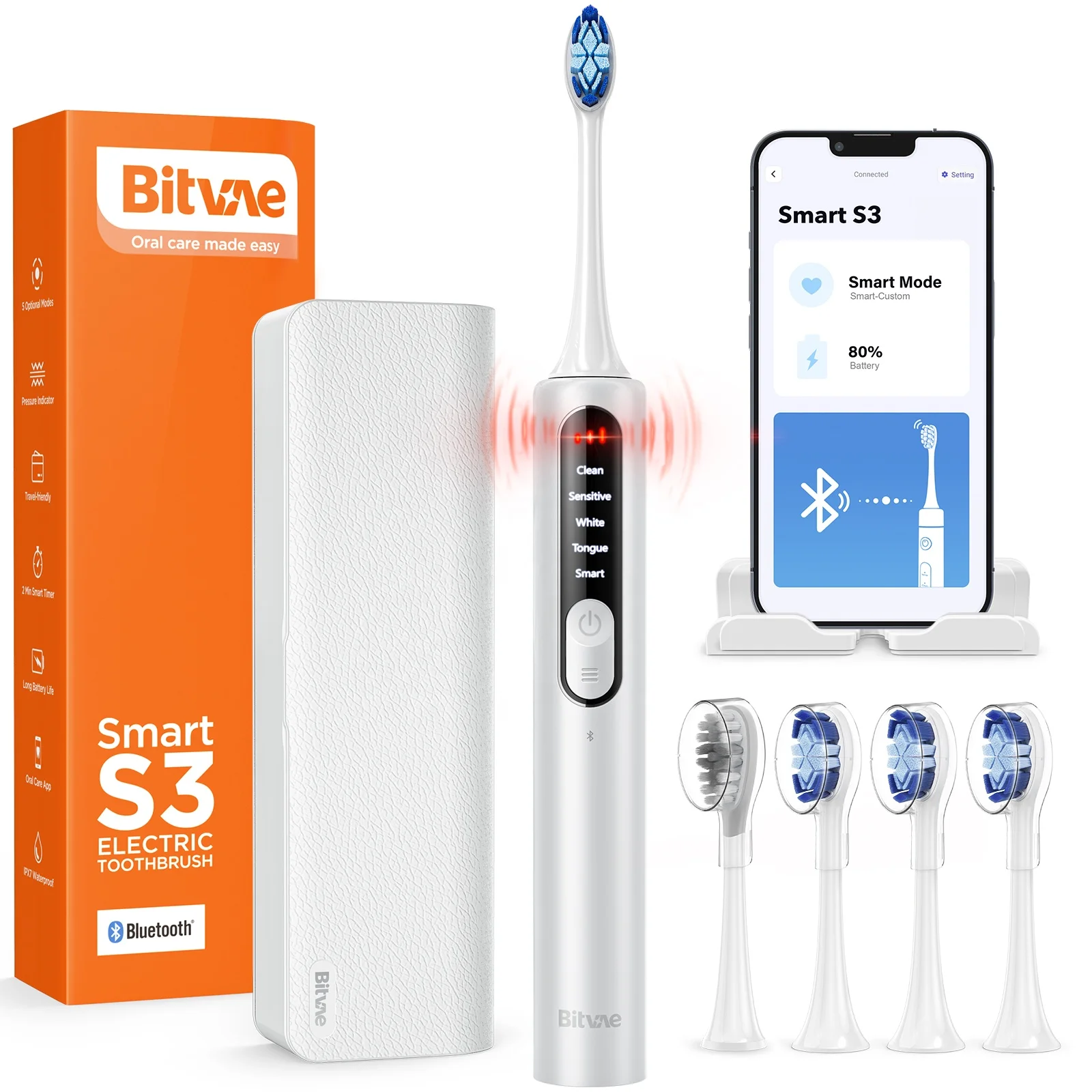 Bitvae S3 Rechargeable Electric Power Toothbrush with Pressure Sensor