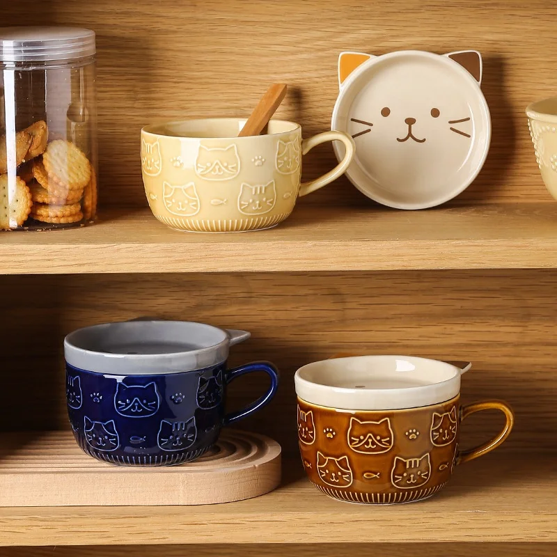 Hot Selling Creative Cute Lovely Animal Cat Ceramic Coffee Mugs Cups With Lid And Bamboo Spoon