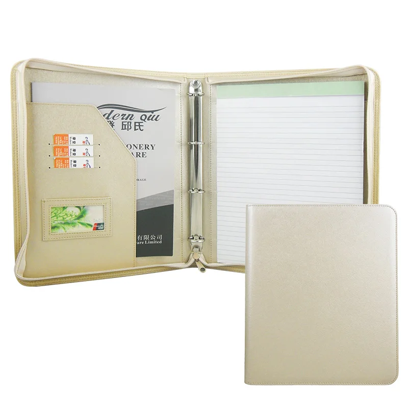 ModernQiu Custom A4 PU Leather Business Zipper Portfolio 4 Binder Presentation  Padfolio Folder for Document Use
