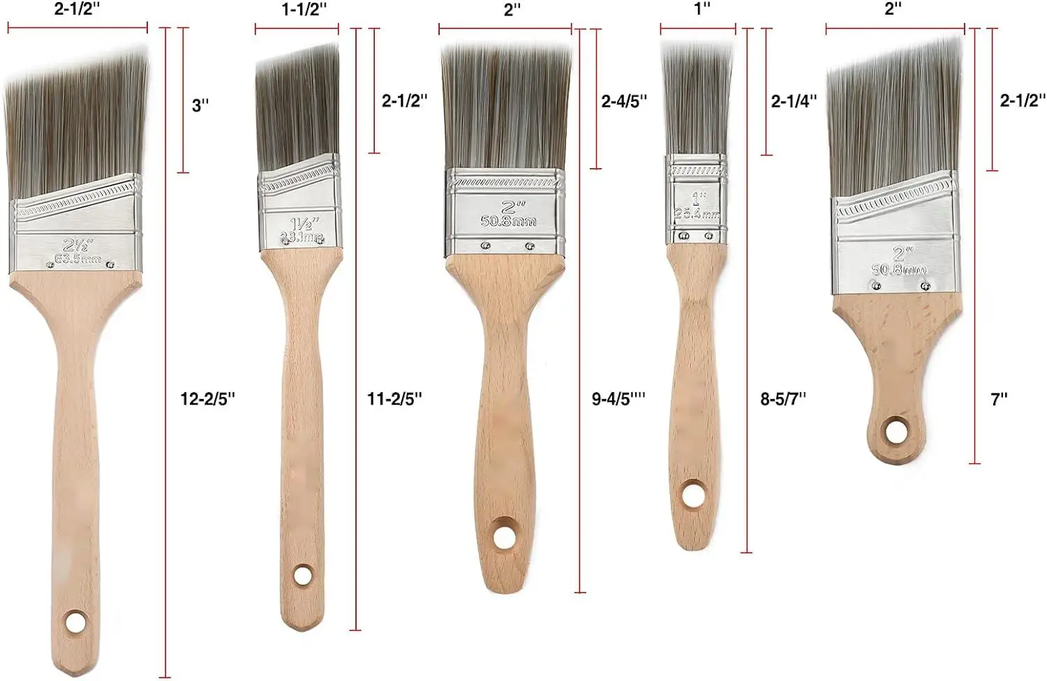 Paint Brushes Set 5-Piece Professional Flat and Angle Sash Paint Brush with Wood Handle