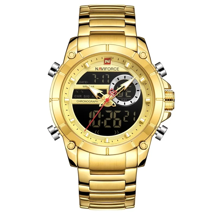 Luxury Brand Naviforce 9163 Stainless Steel Mens Waterproof Sports Quartz Digital Watch