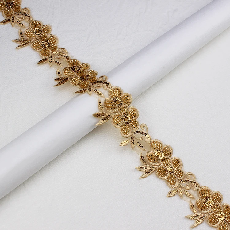 Rhinestone Applique Lace Trimming Border Embroidered Pearl Beaded Sequin Mesh Flower Embroidery Polyester Wedding Lace Trim