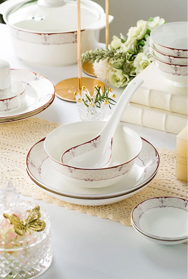 2025 New European Simple Baroque 56-Piece Ceramic Tableware Set Phnom Penh Ten Dining Bone China Tableware Set