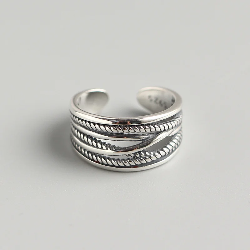 KRJ024 S925 Sterling Silver Luan Hemp Wrapped Ring   Personalized Multi layered Vintage Ring Silver Ornament Opening Ring