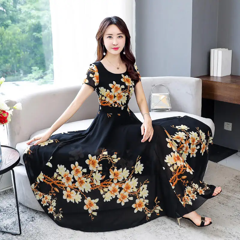 2022 Wholesale In Stock Summer Long Dress Women Floral Print Boho Dress Short Sleeve Ladies Casual Dresses Vestidos