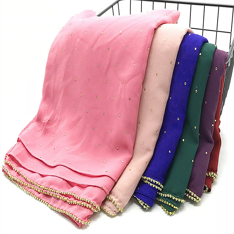 
Hot sale bubble Chiffon fancy Diamond chain hijabs Women crystal scarf shawl rhinestone headscarf muslim turban islam headband 