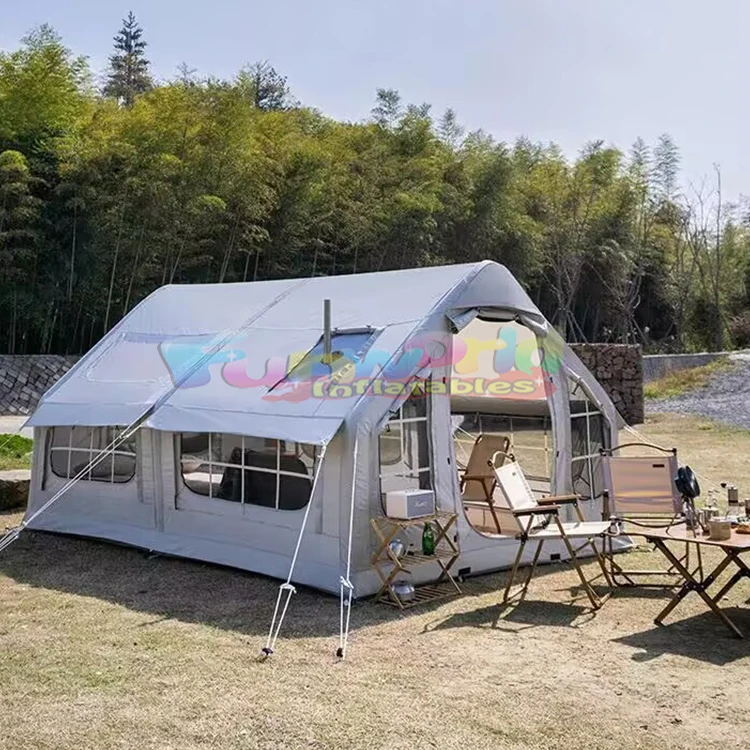 Inflatable camping tent korean style outdoor 4 person double layer house with canopy side