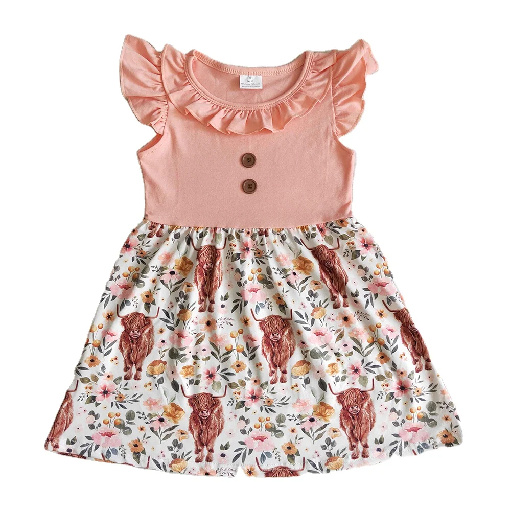 RTS Baby Girls Wholesale Western Flutter Sleeve Milk Silk Pink Highland Cows Knee Length Trendy Fashion Boutique Dresses