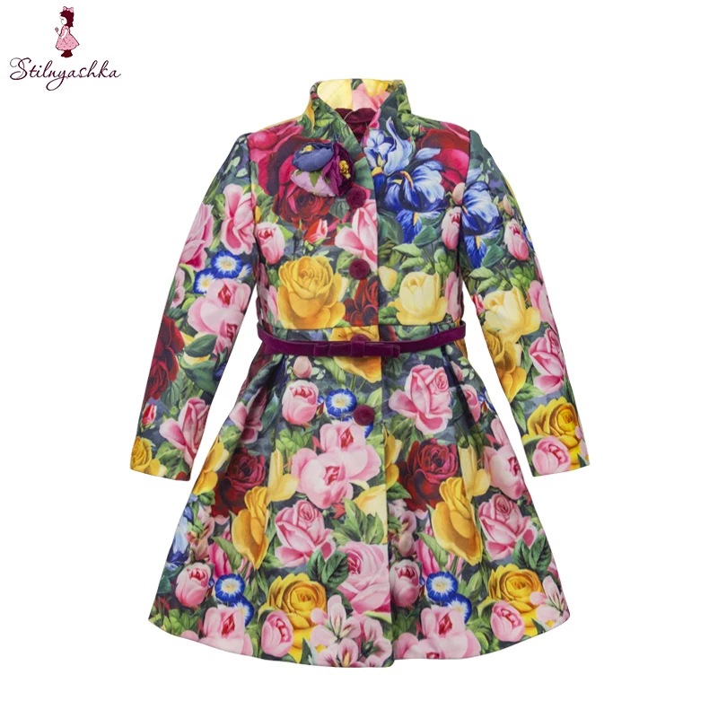 New Colorful Flower Print Child Winter Kids Girls Coats&Outwears with Belt