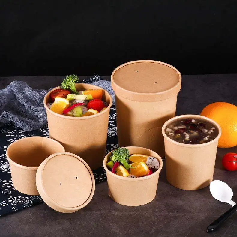 Disposable takeaway food packaging white paper soup packaging cup with lid