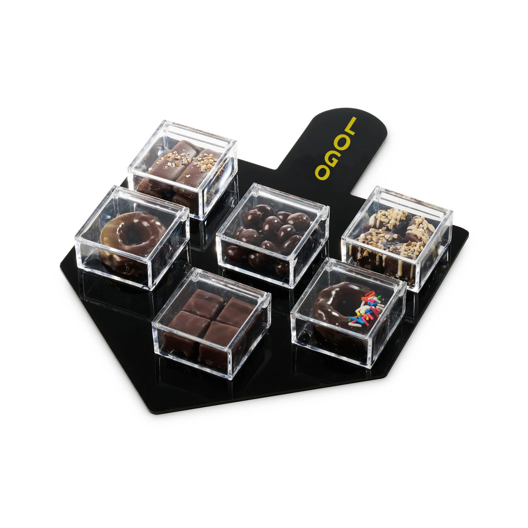 Judaica Lucite Hanukkah Dreidel Tray Chanukah Dreidel Shape Acrylic Filled with Chocolates