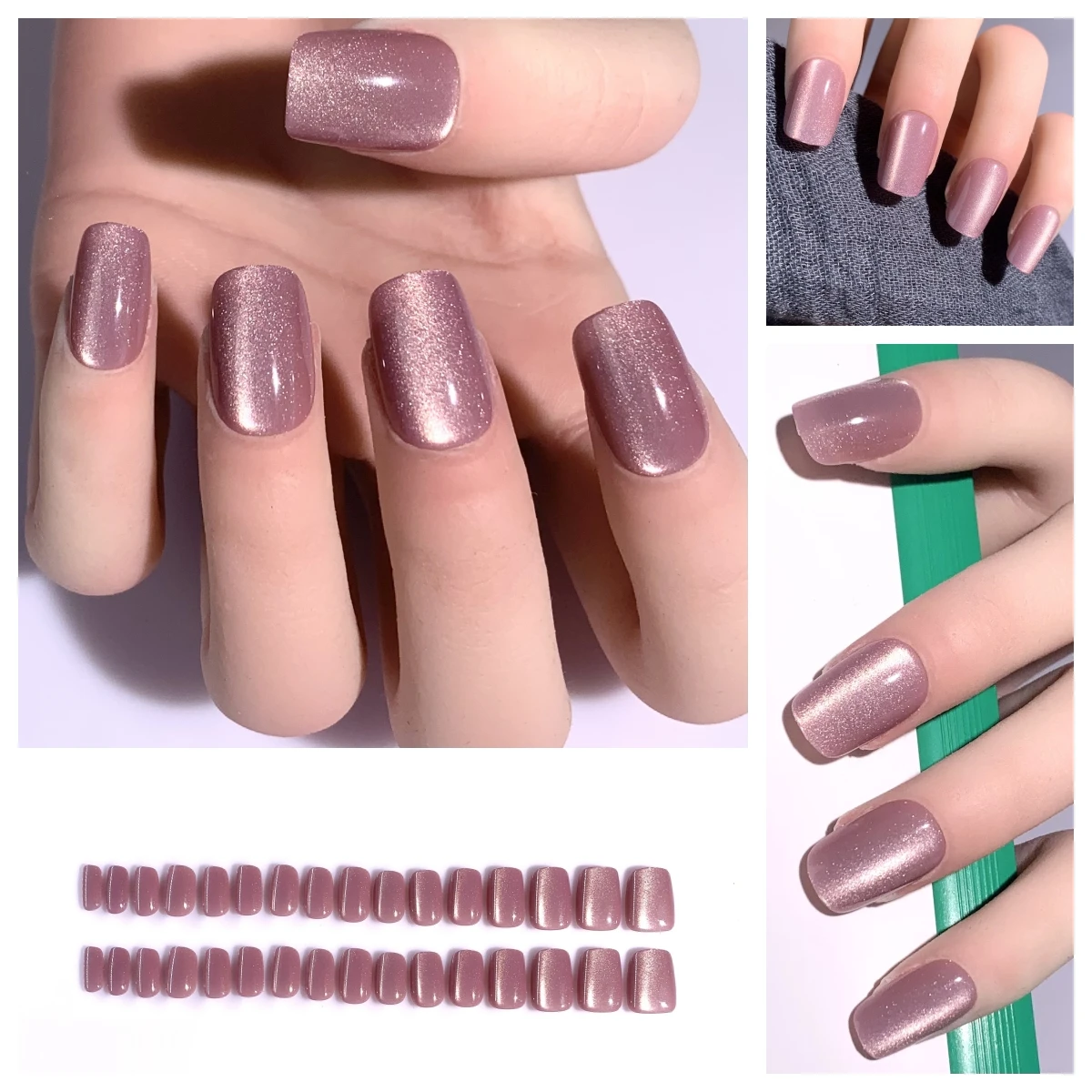 New Products 32 Pieces Press On Nails Cat Eye Full Cover Long Lasting Grape Color Artificial Fingernails Reusable Square Nail