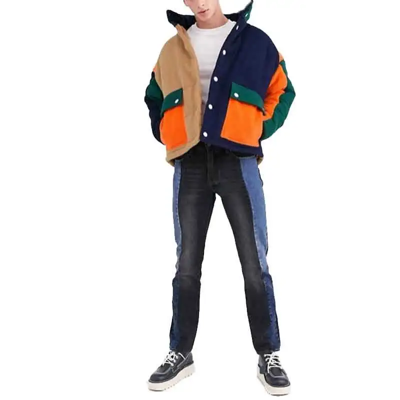 OEM Long Sleeve Color Block Patchwork Flag Pockets Corduroy Jacket