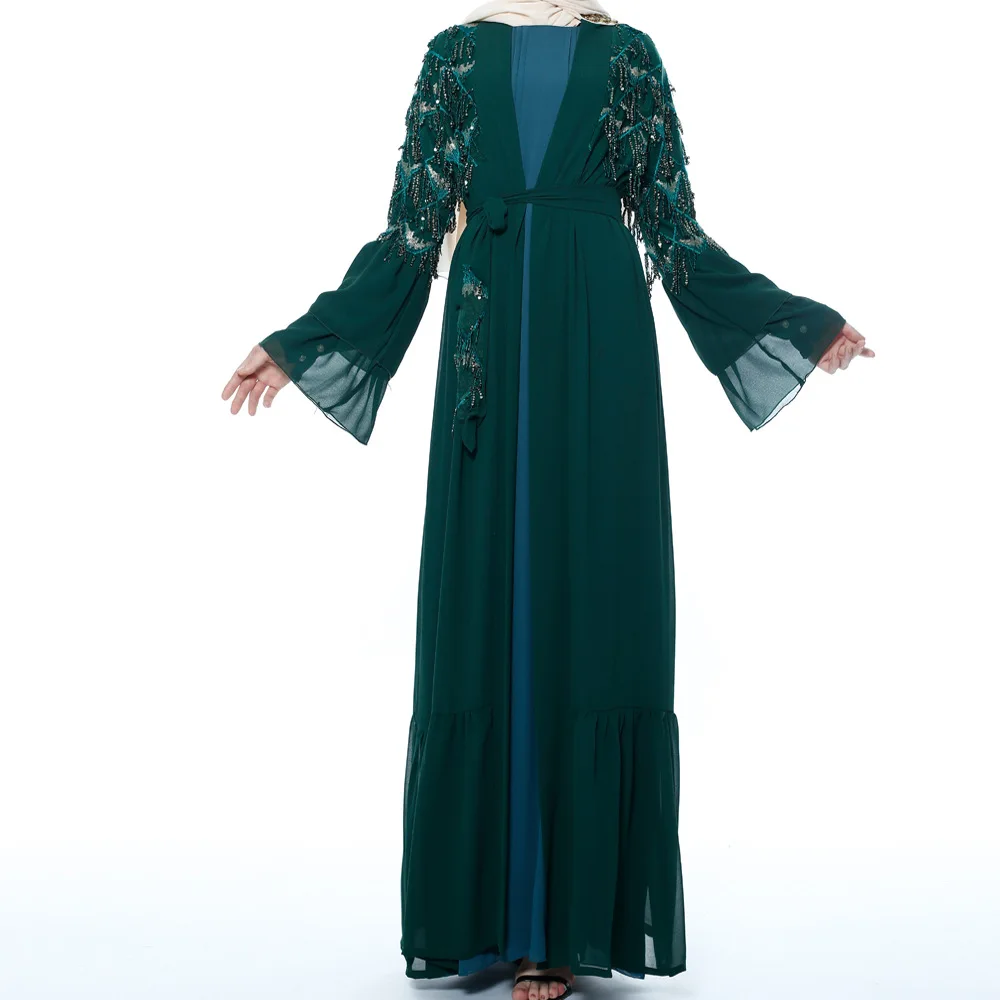 2023 wholesale islamic clothing sequin tassel chiffon with flared long sleeves for women muslim dress abaya