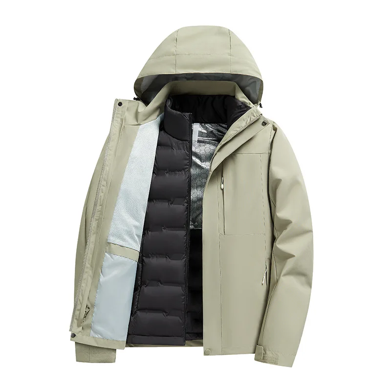 Unisex Detachable Heattech Three-in-One Winter Jacket Windproof Waterproof Mountain Hiking Clothing Stand Collar Zipper Men