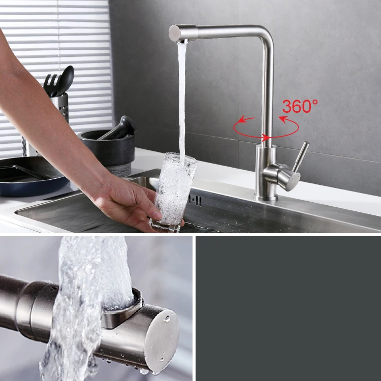 
AMIG Factory price 304 Stainless steel Kitchen sink faucet Tap single handle 360 Degree Swivel Modern Hot and Cold Mixer 