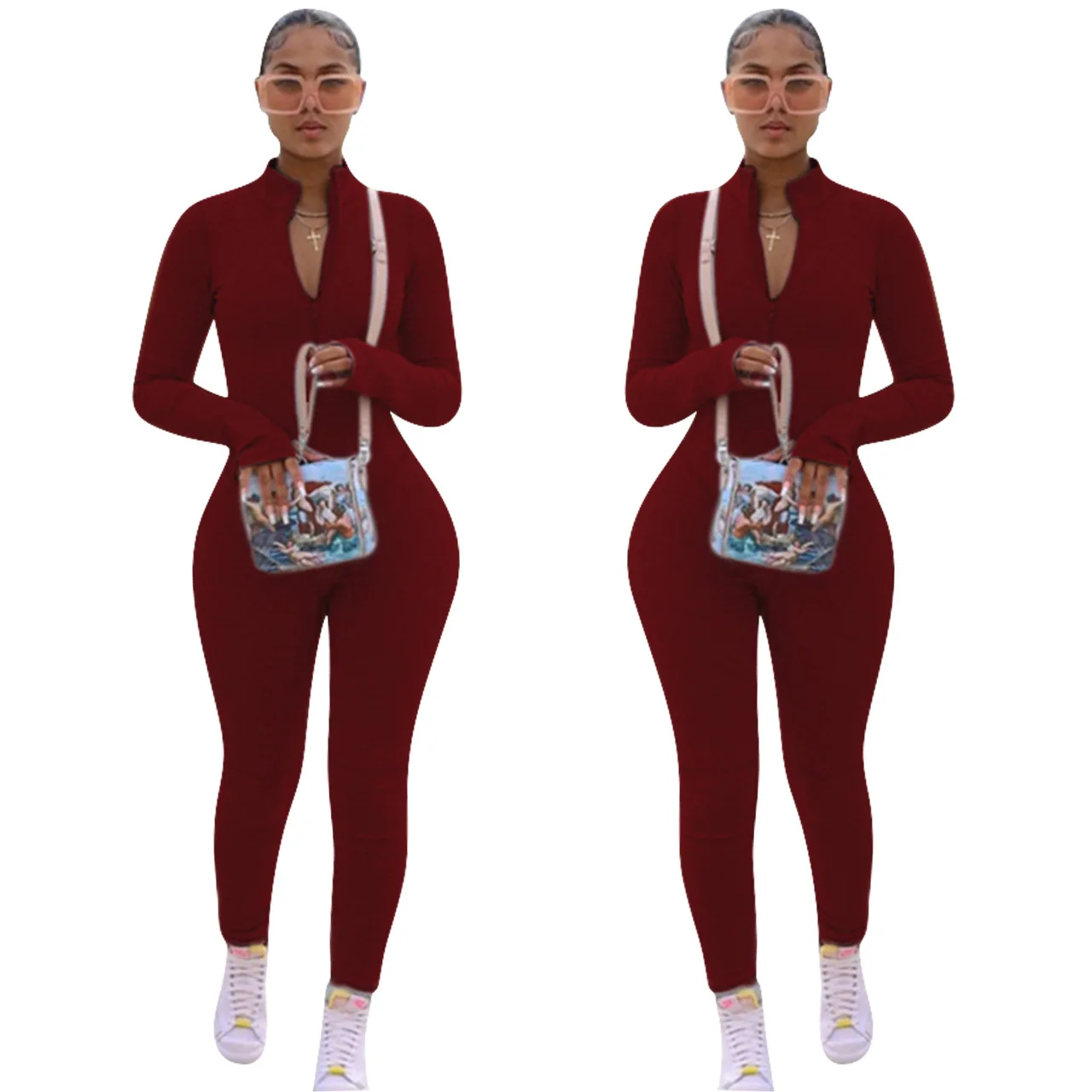 2021 Best Seller Solid Color Casual 4xl Plus Size Long Sleeve One Piece Jumpsuit Fall  V-neck Women Jumpsuit