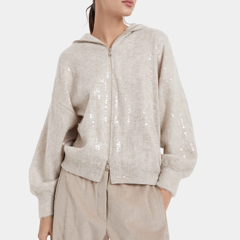 Dazzling Cascade in mohair virgin wool and cashmere with hood and zip up zipper women cardigan