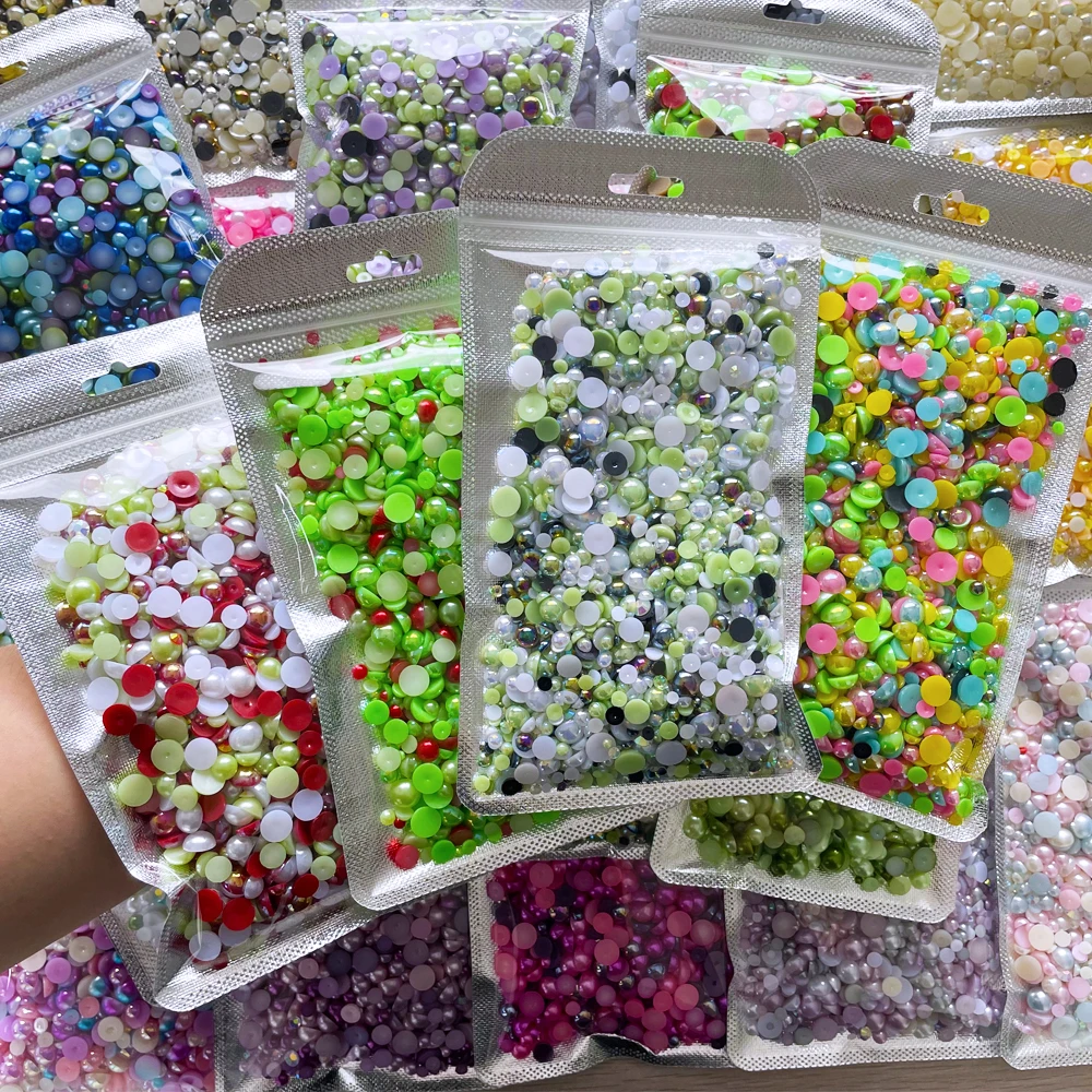 Factory wholesale price Mix Sizes Green Mix Half Round Flat Back Pearls Resin Rhinestones For Handmade DIY Decoration